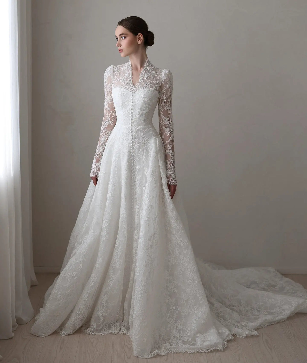 Vintage Lace High Neck Long Sleeve A-Line Wedding Dress with Train SW272 