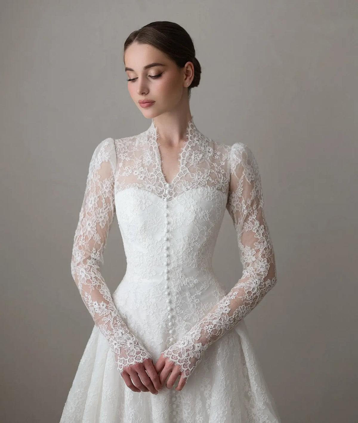 Vintage Lace High Neck Long Sleeve A-Line Wedding Dress with Train SW272 
