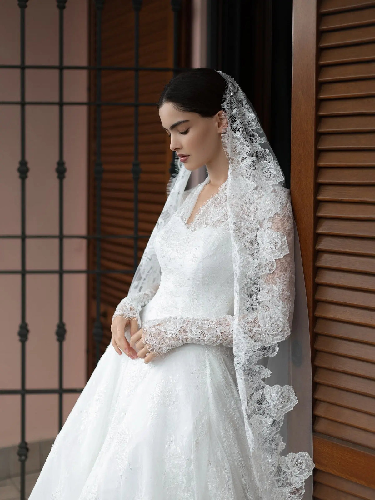 Timeless Lace V-Neck Long Sleeve Wedding Dress with Cathedral Veil SW278 Timeless Lace V-Neck Long Sleeve Wedding Dress with Cathedral Veil SW278