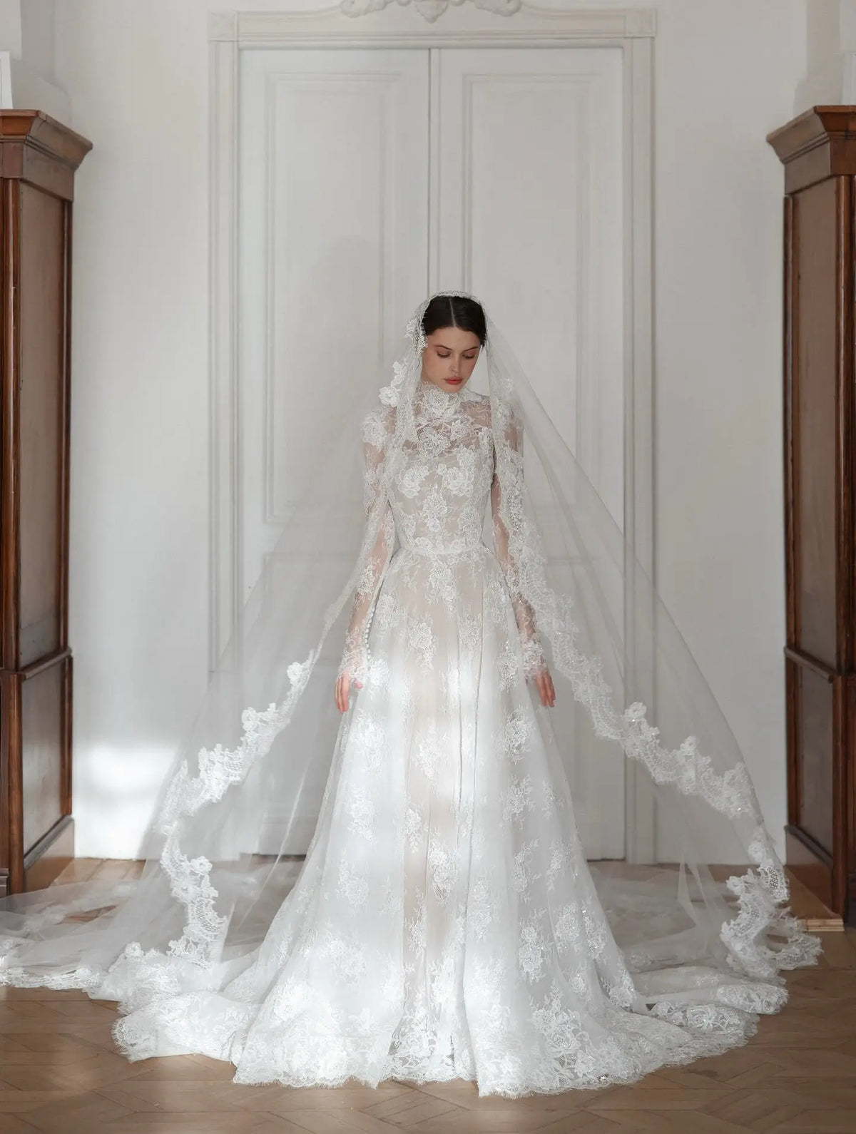 Regal Lace High Neck Long Sleeve Wedding Dress with Cathedral Veil SW277 