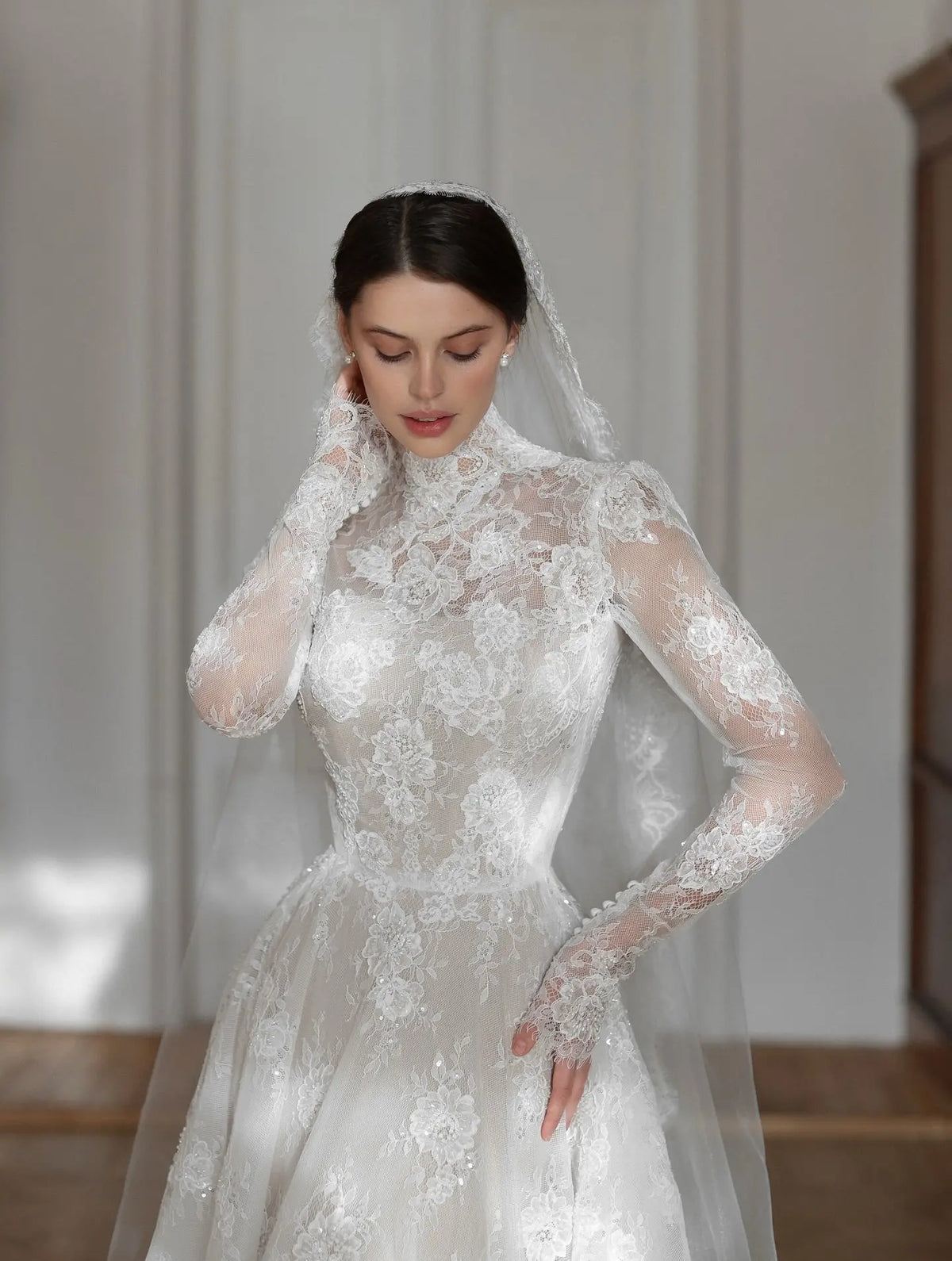 Regal Lace High Neck Long Sleeve Wedding Dress with Cathedral Veil SW277 