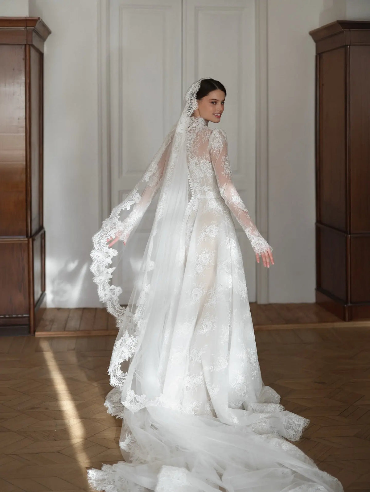 Regal Lace High Neck Long Sleeve Wedding Dress with Cathedral Veil SW277 