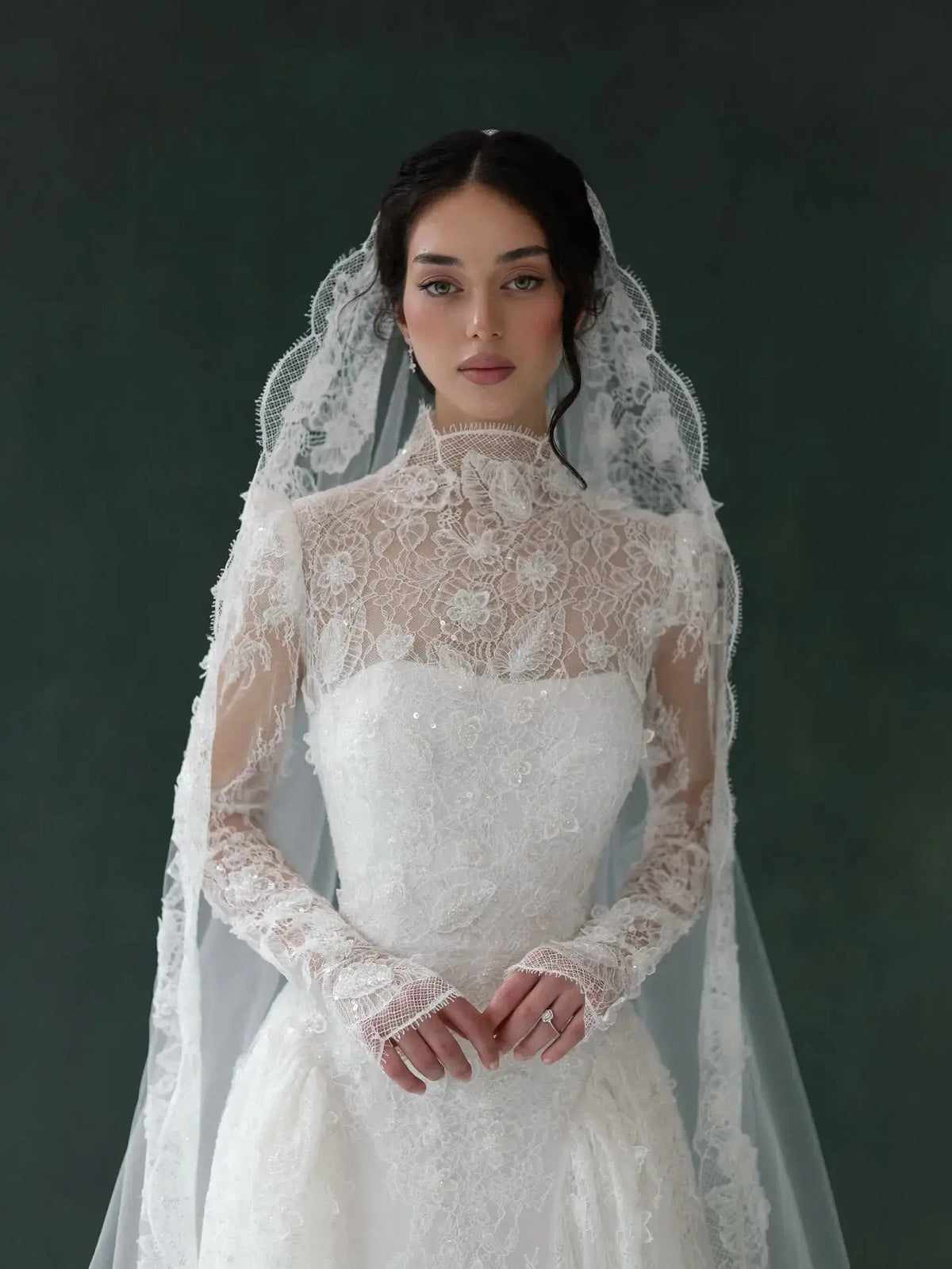 Classic Lace High Neck Long Sleeve A-Line Wedding Dress with Veil SW275 
