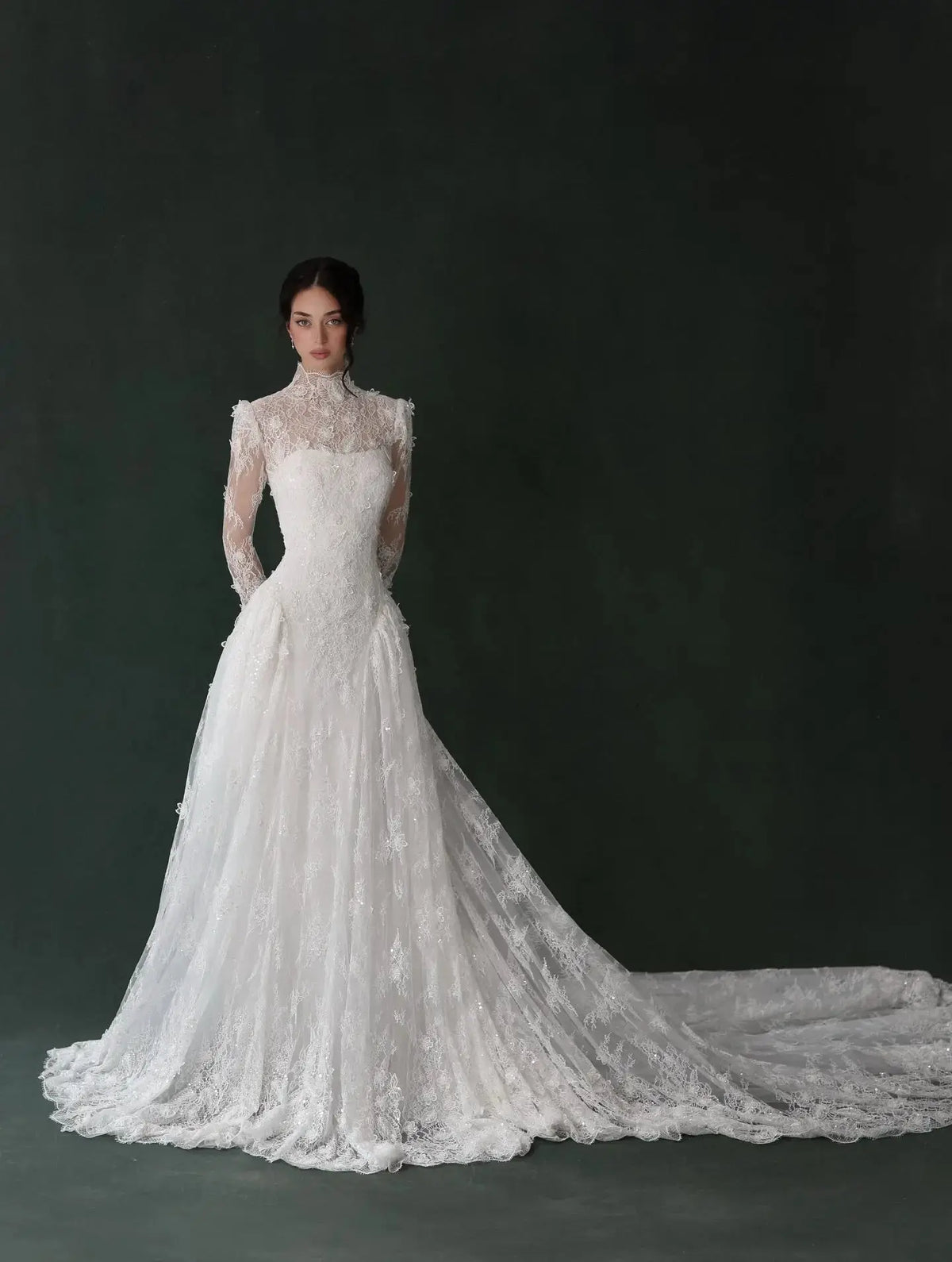 classic a line wedding dress Classic Ivory Lace High Neck Long Sleeve A-Line Wedding Dress with Veil SW275