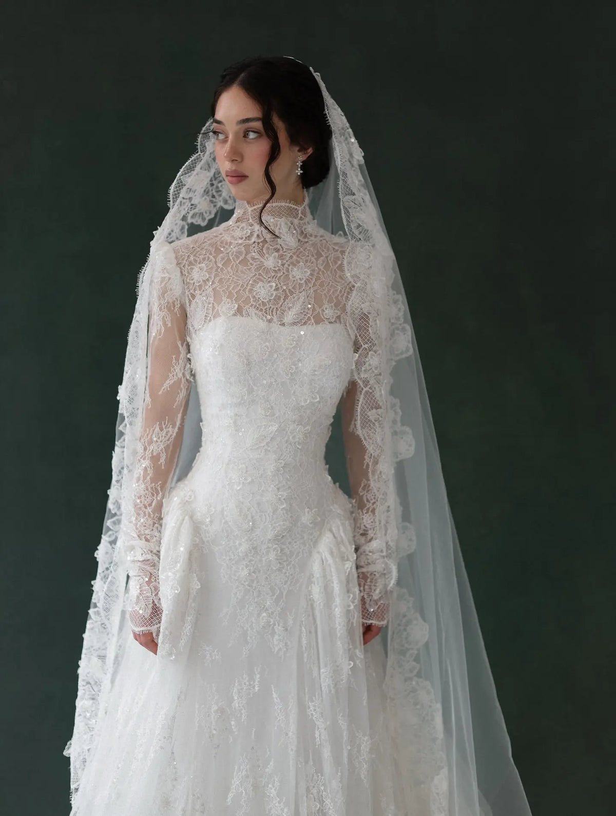 Classic Lace High Neck Long Sleeve A-Line Wedding Dress with Veil SW275 