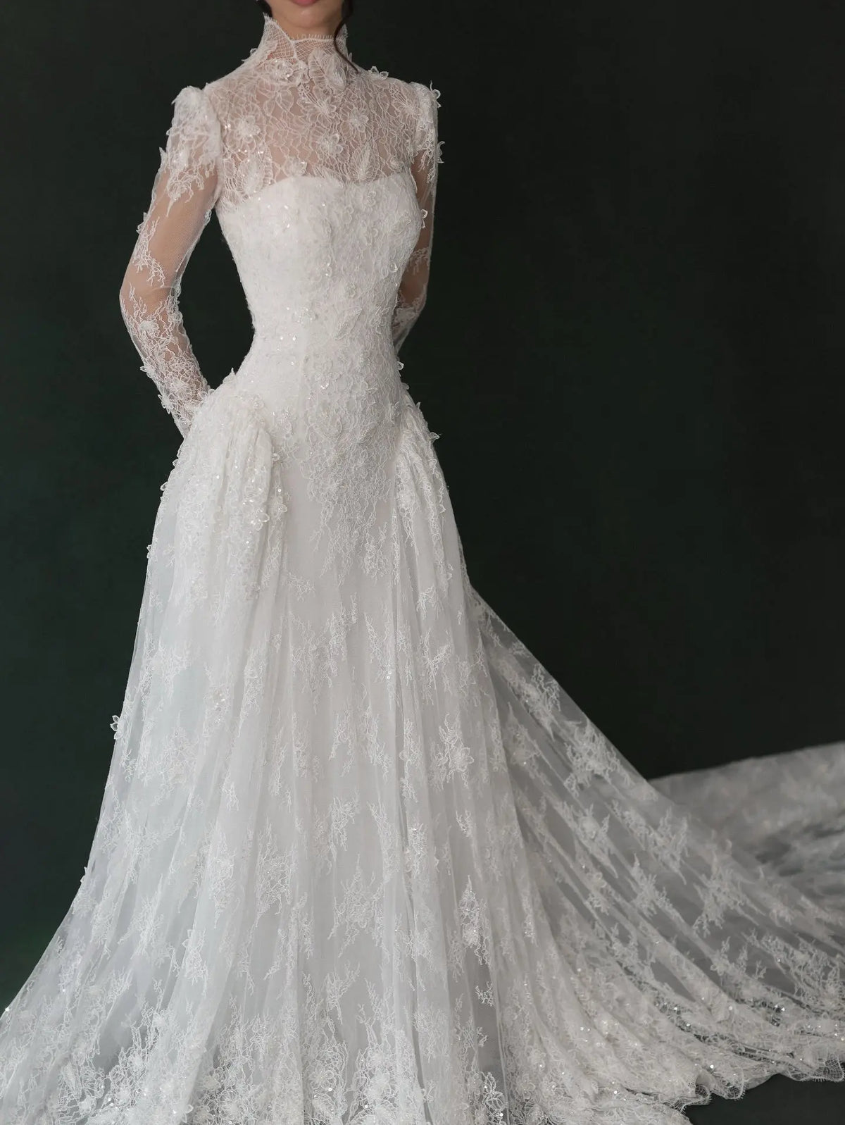 Classic Lace High Neck Long Sleeve A-Line Wedding Dress with Veil SW275 