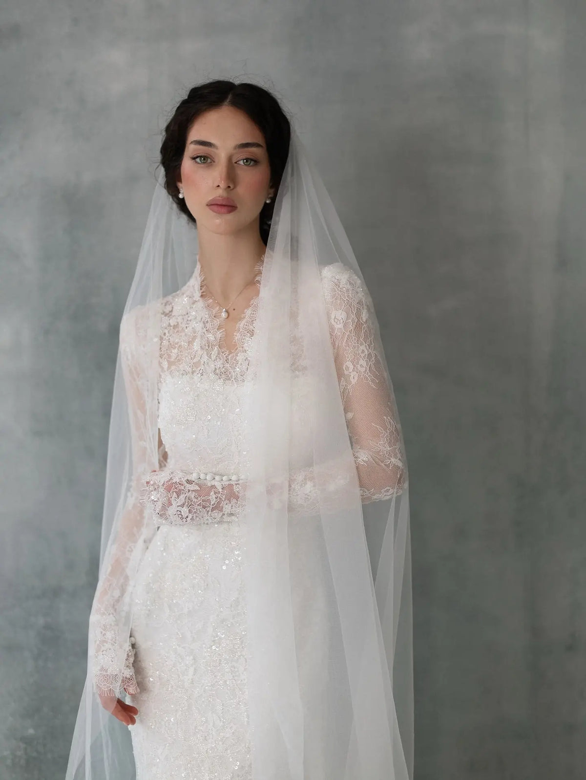 Elegant Lace High Neck Long Sleeve Train Mermaid Wedding Dress with Veil SW274 