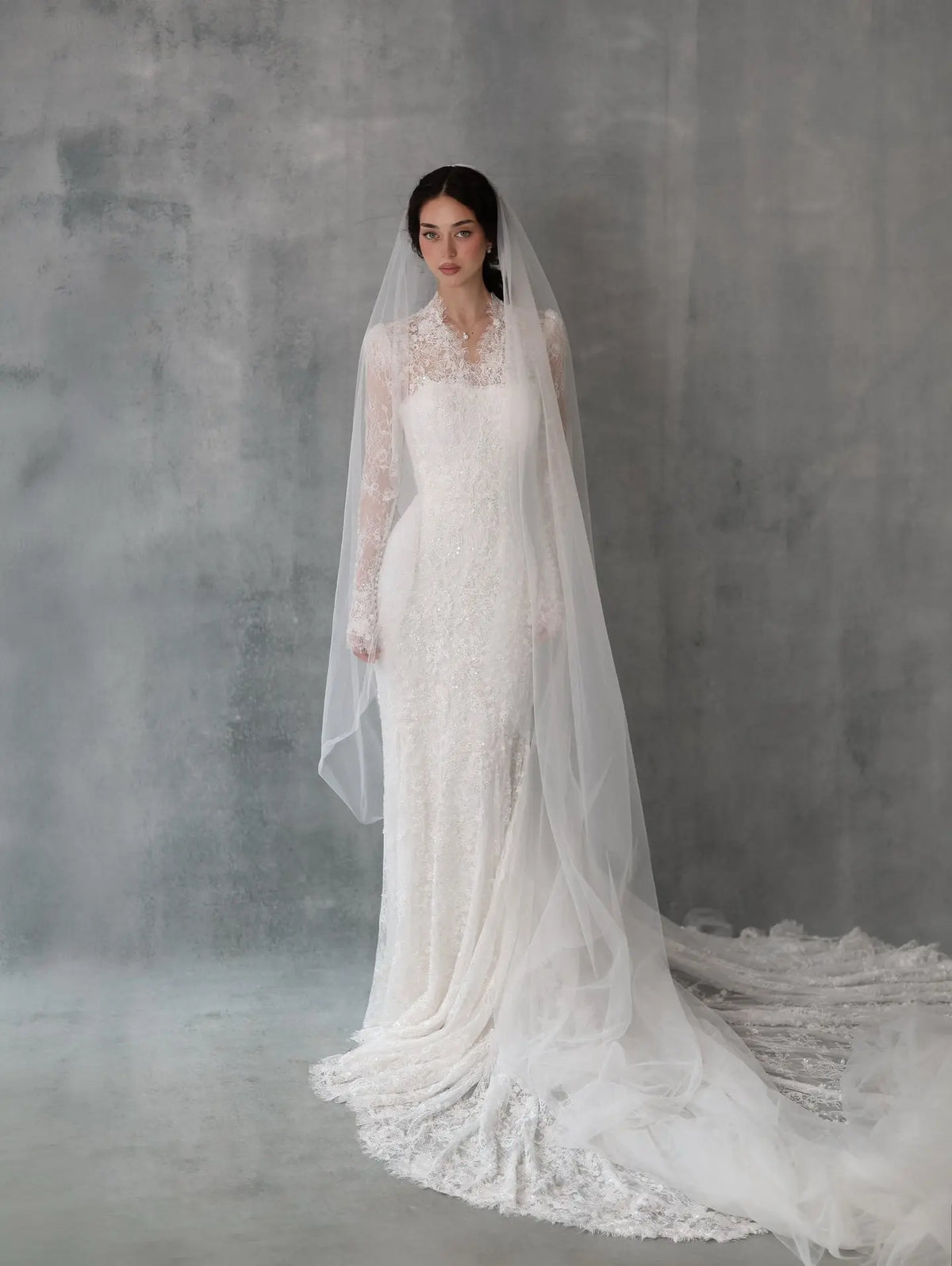 Elegant Lace High Neck Long Sleeve Train Mermaid Wedding Dress with Veil SW274 