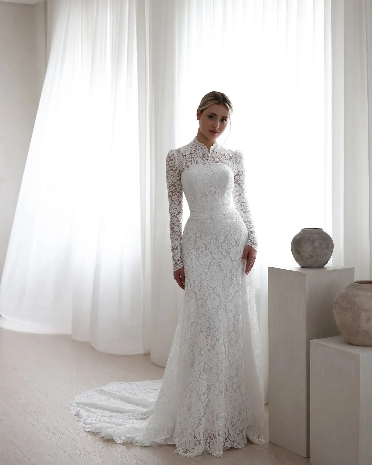 fitted long sleeve wedding dress Modest Long Sleeve Satin Mermaid Wedding Dress With Sweep Train, Diamond White / 10