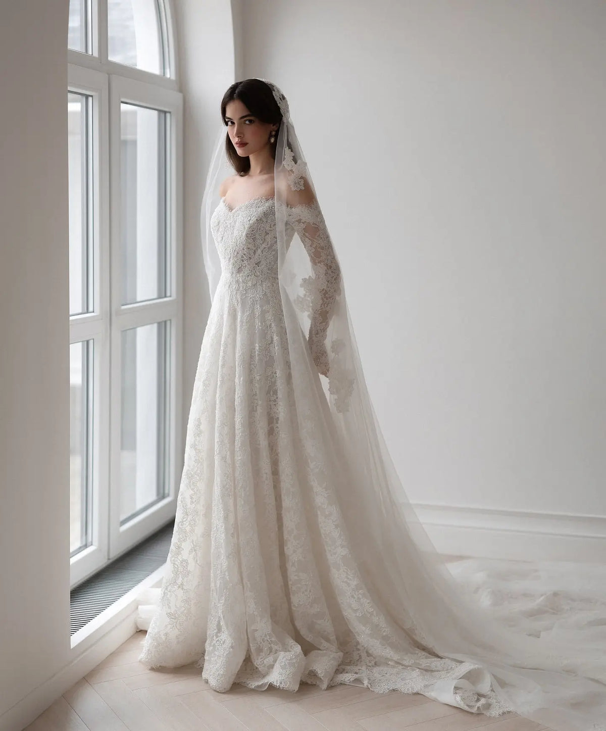 off the shoulder wedding dress with veil Off the Shoulder Lace Wedding Gown