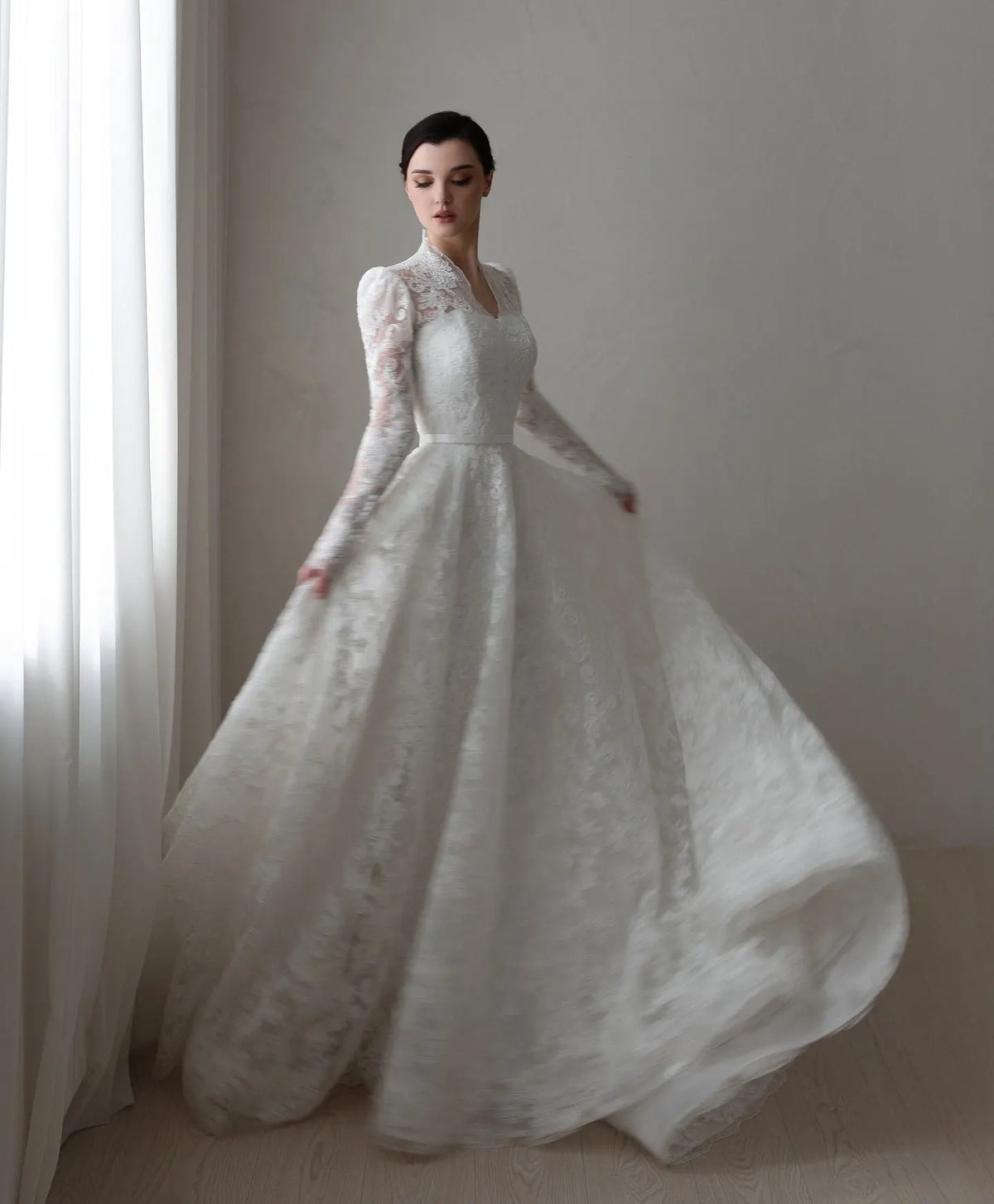 Elegant Printed Lace High Neck Wedding Dress with Train SW537 - SHARONSAID Elegant Printed Lace High Neck Wedding Dress with Train SW537 - SHARONSAID