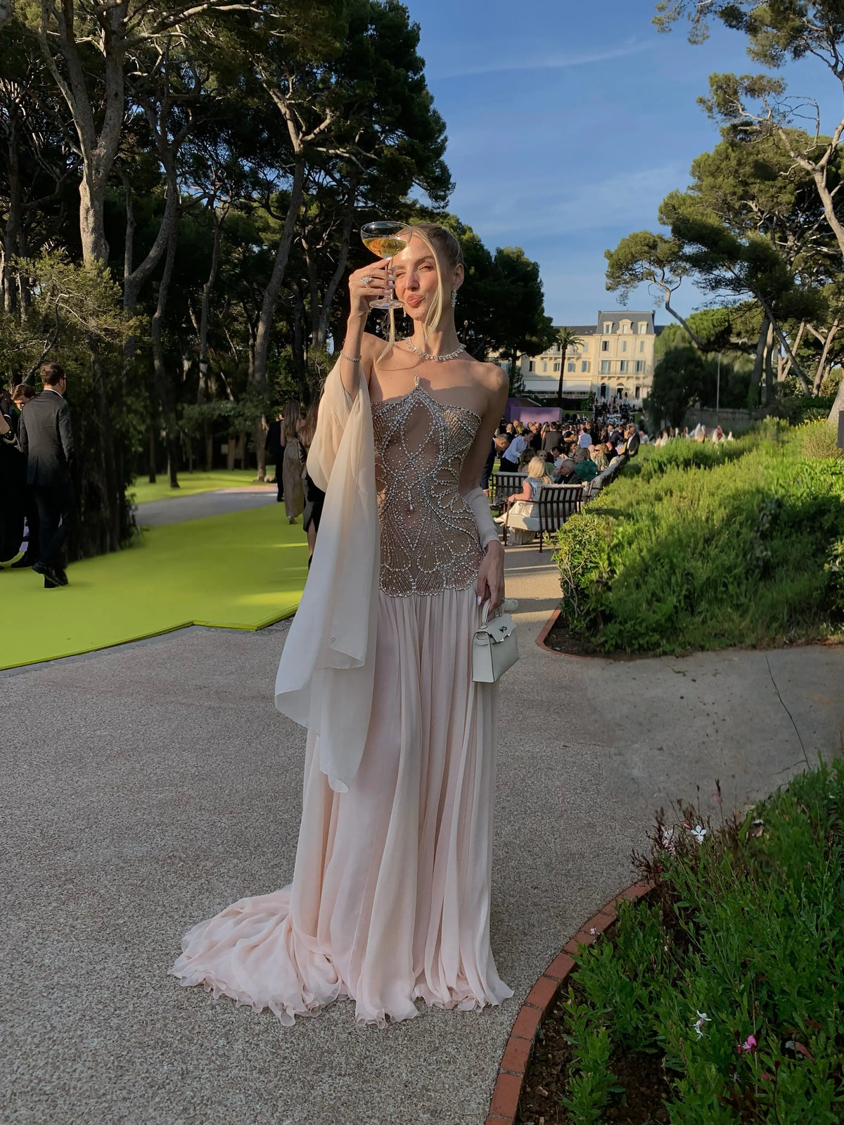 Blush Pink Strapless Corset Beaded Evening Dress SS203-4