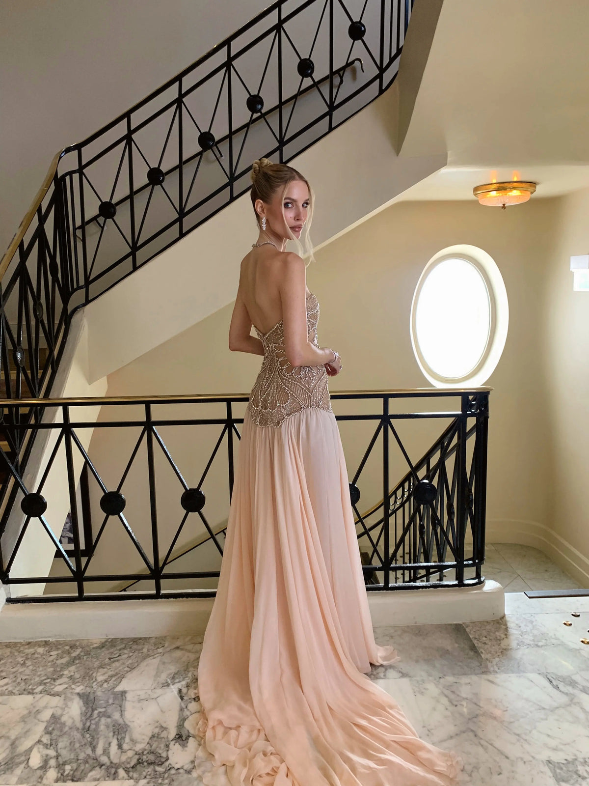 Blush Pink Strapless Corset Beaded Evening Dress SS203