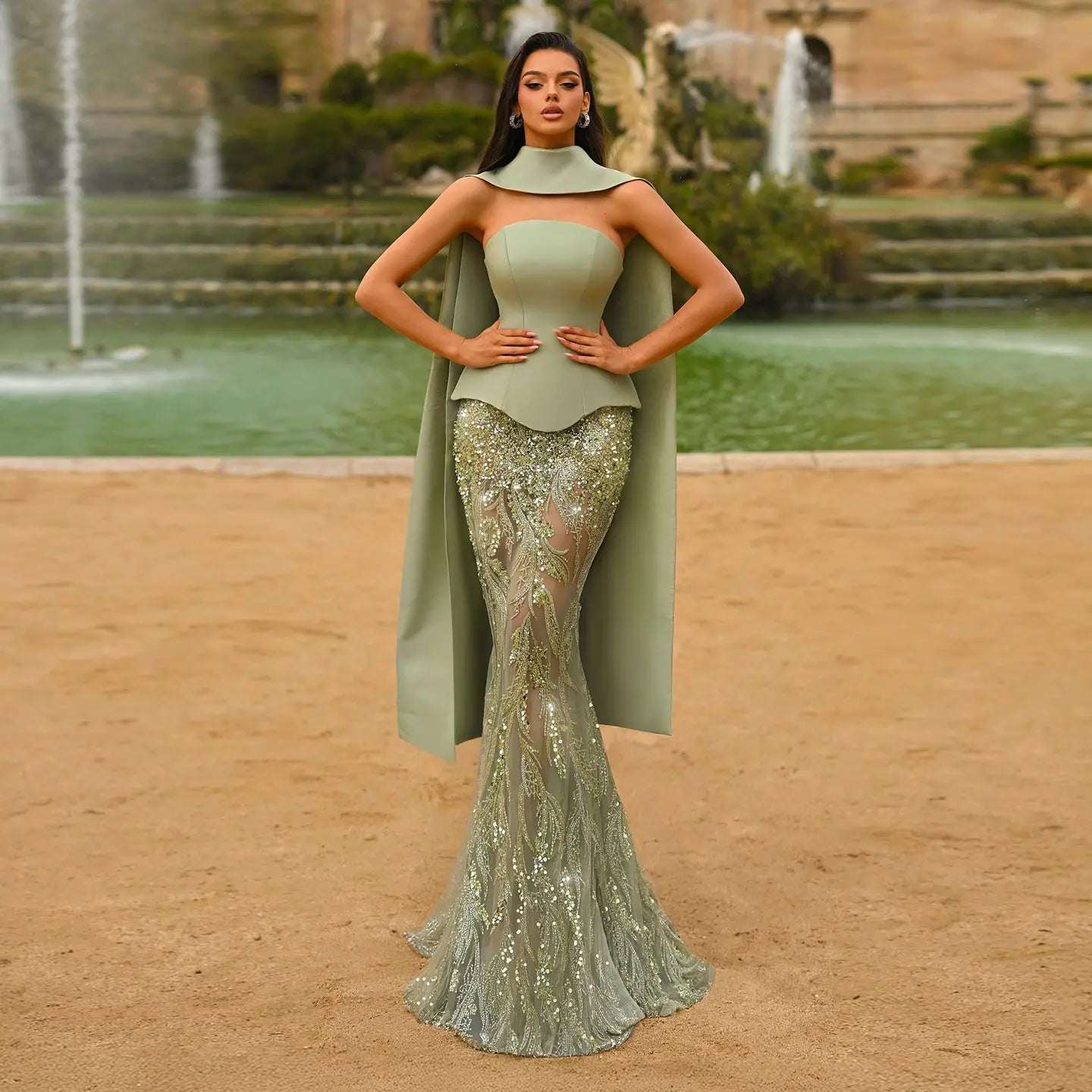 Luxury Sage Green 2 Pieces Sequin Evening Dress with Scarf Cap SS616