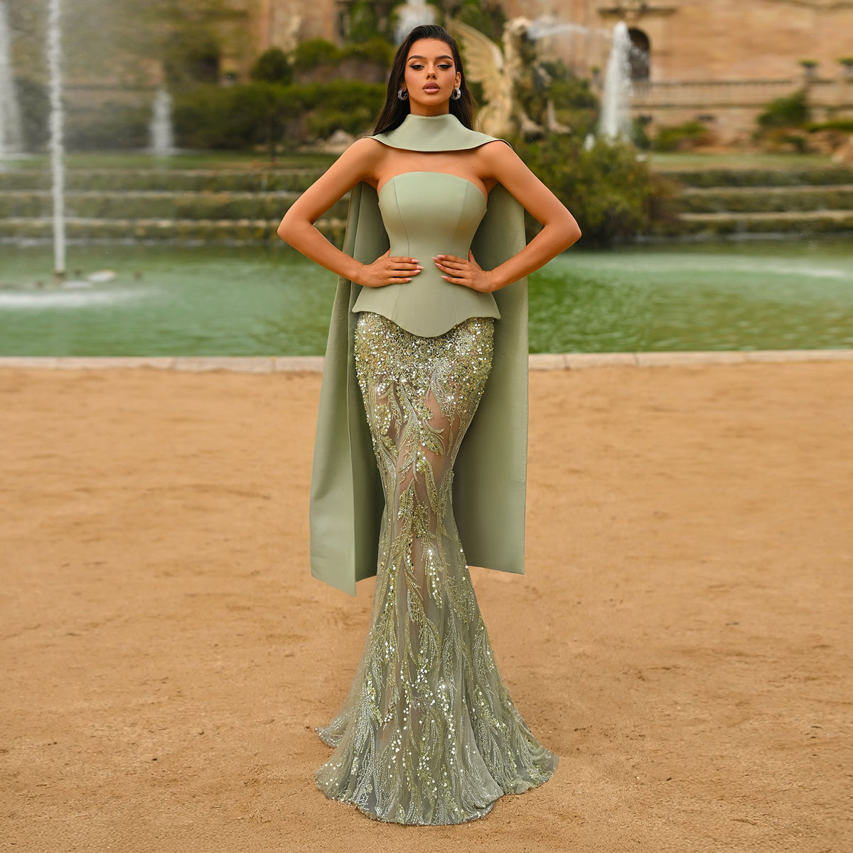 Luxury Sage Green 2 Pieces Sequin Evening Dress with Scarf Cap SS616 