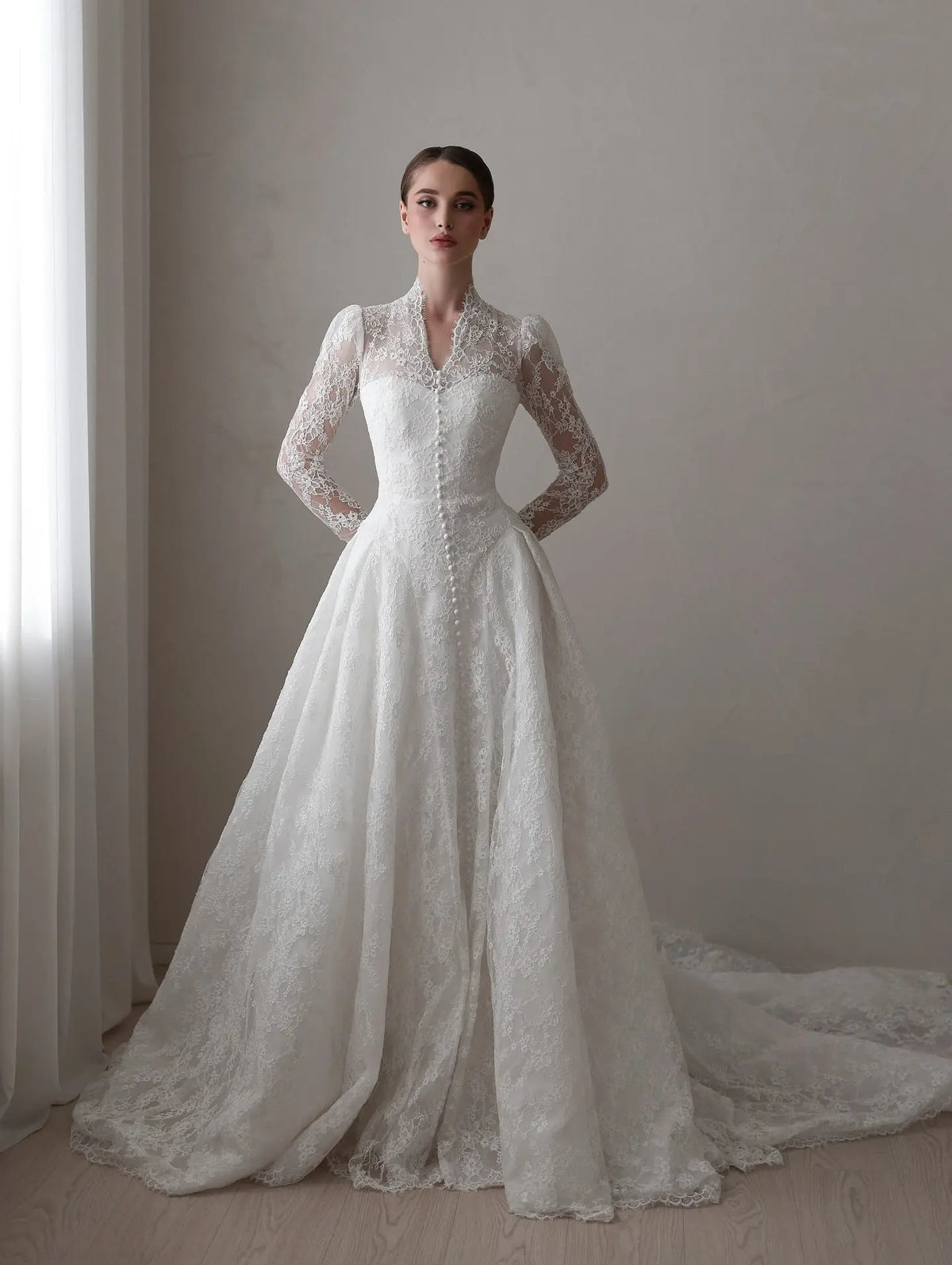 Vintage Lace High Neck Long Sleeve A-Line Wedding Dress with Train SW272 