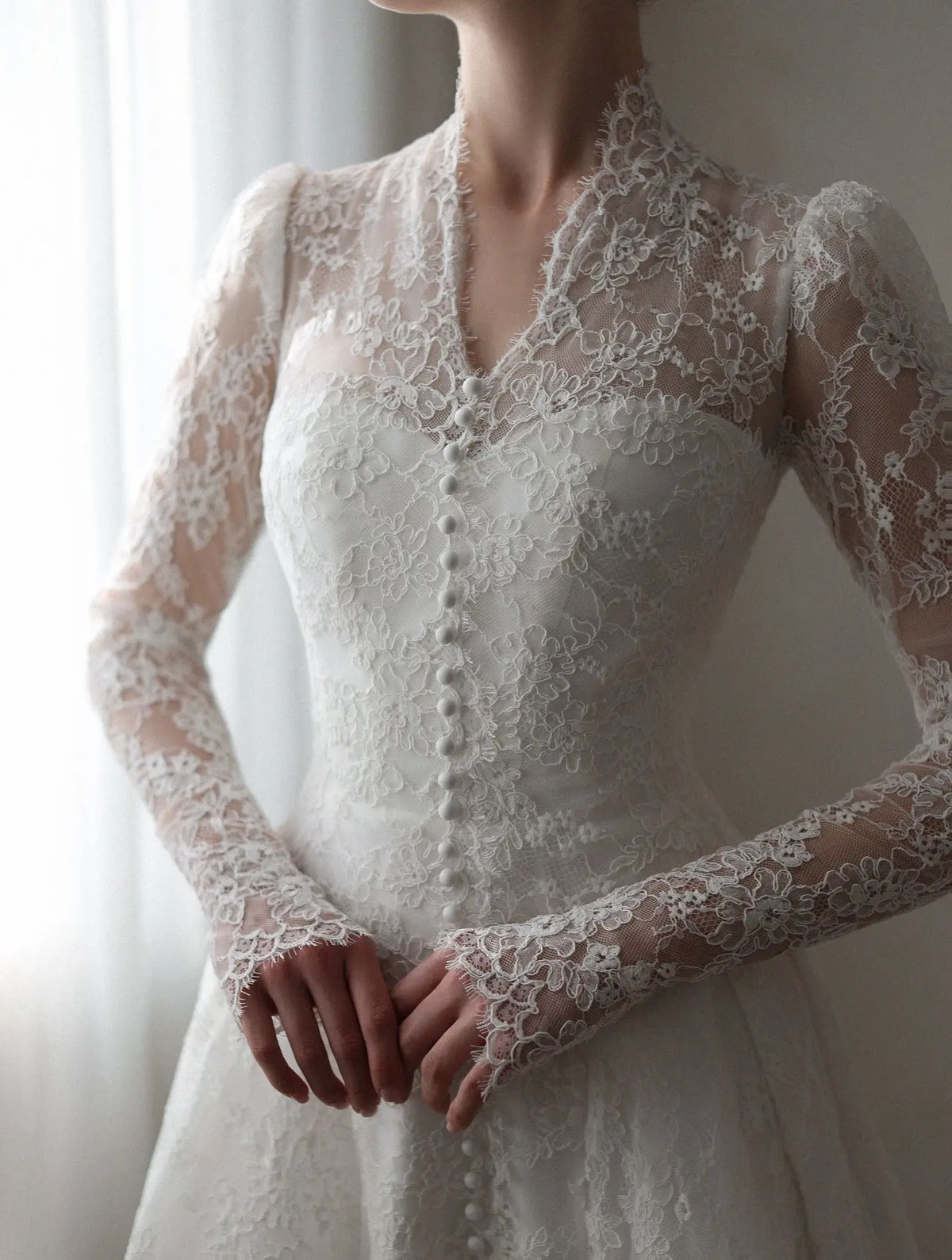 Vintage Lace High Neck Long Sleeve A-Line Wedding Dress with Train SW272 