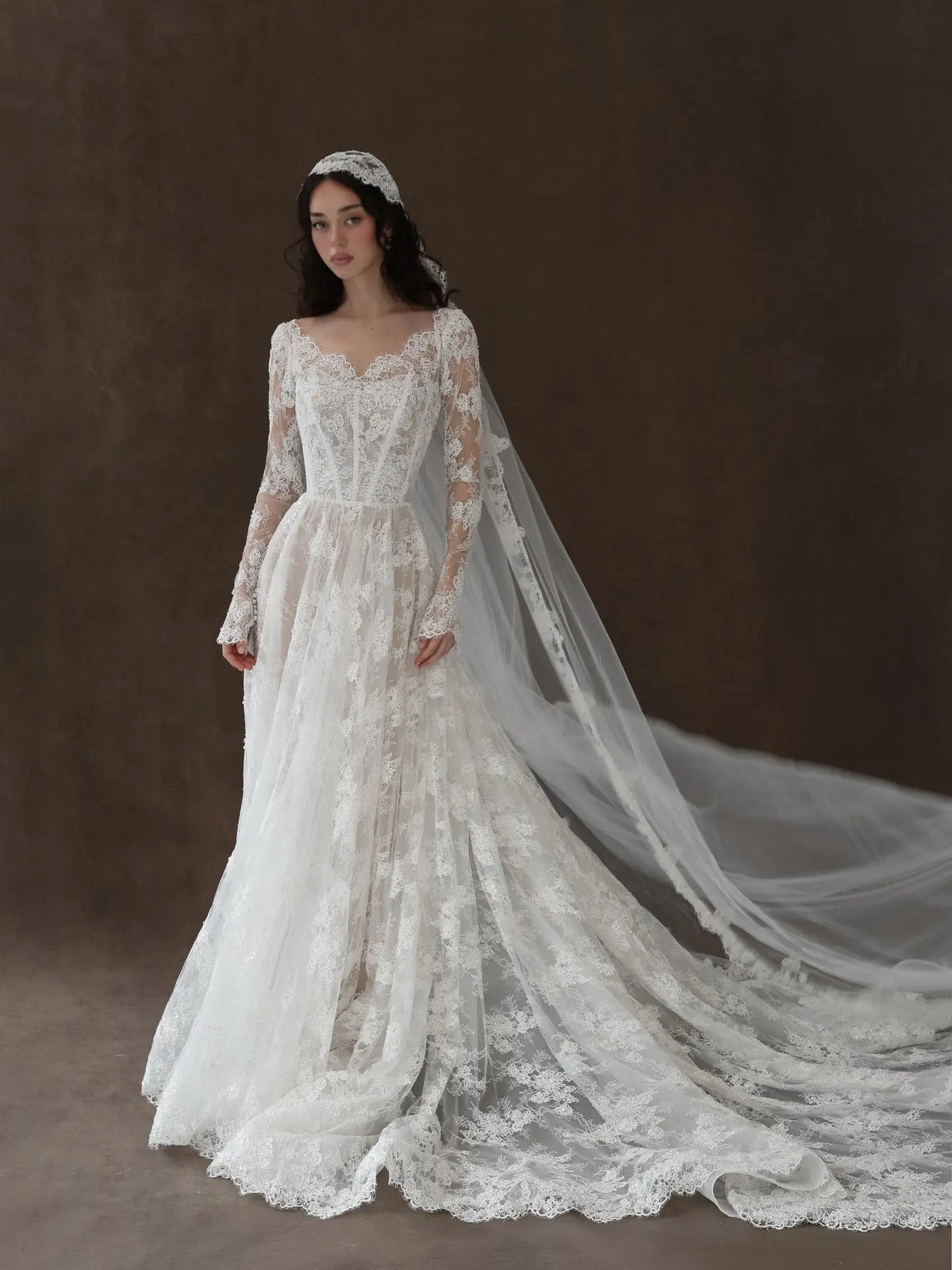 Whimsical Lace V-Neck Long Sleeve Wedding Dress with Veil SW276 SHARONSAID Whimsical Lace V-Neck Long Sleeve Wedding Dress with Veil SW276 SHARONSAID
