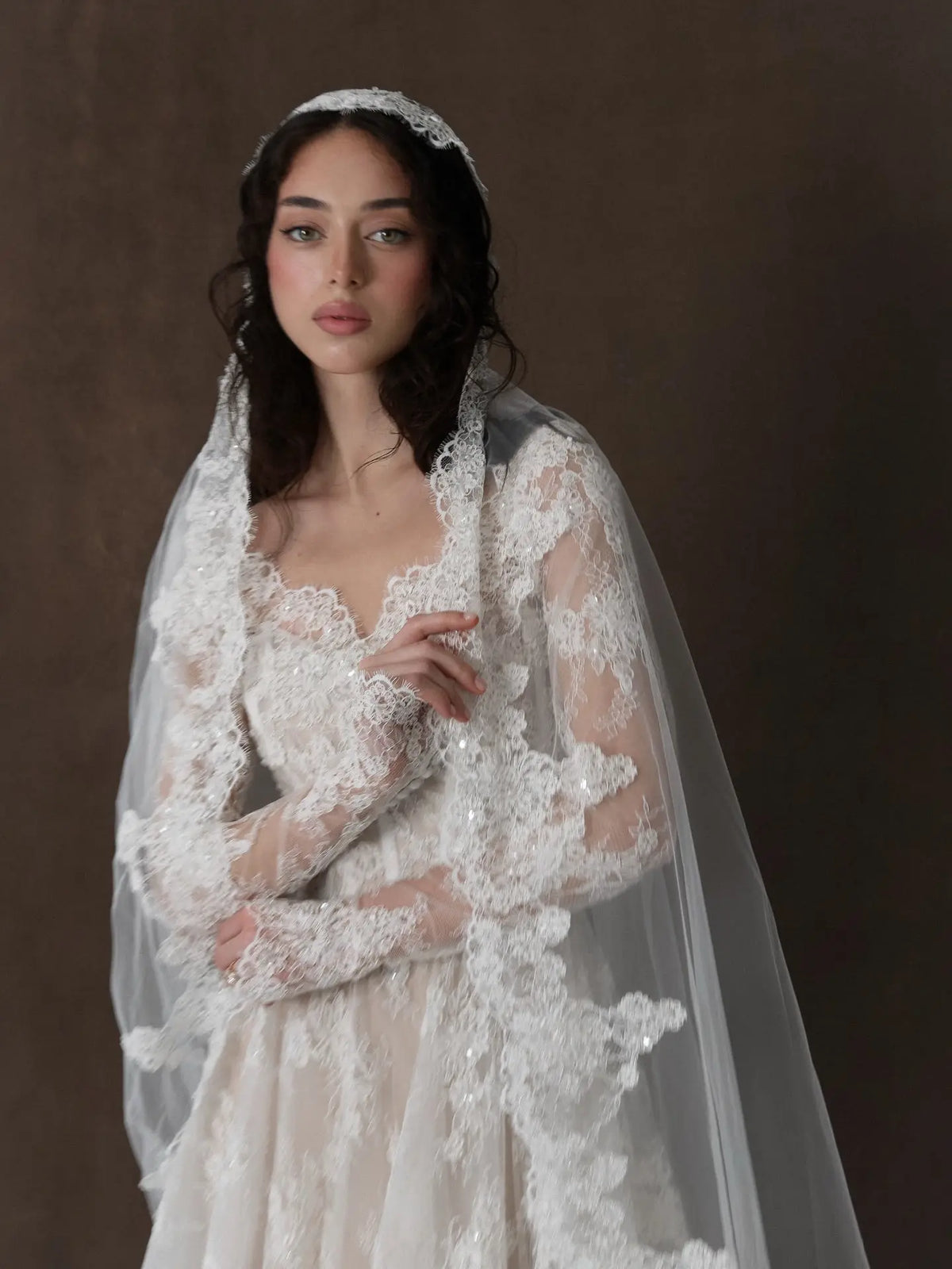 Whimsical Lace V-Neck Long Sleeve Wedding Dress with Veil SW276 SHARONSAID Whimsical Lace V-Neck Long Sleeve Wedding Dress with Veil SW276 SHARONSAID