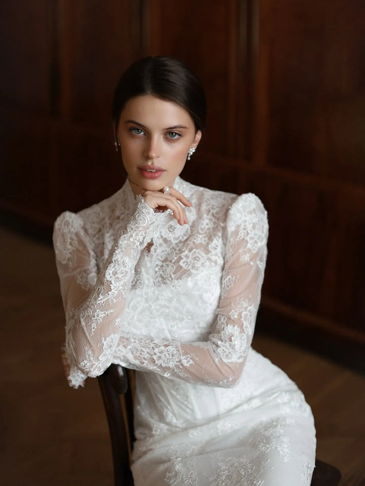 Elegant Lace High Neck Long Sleeve A-Line Wedding Dress SW279 