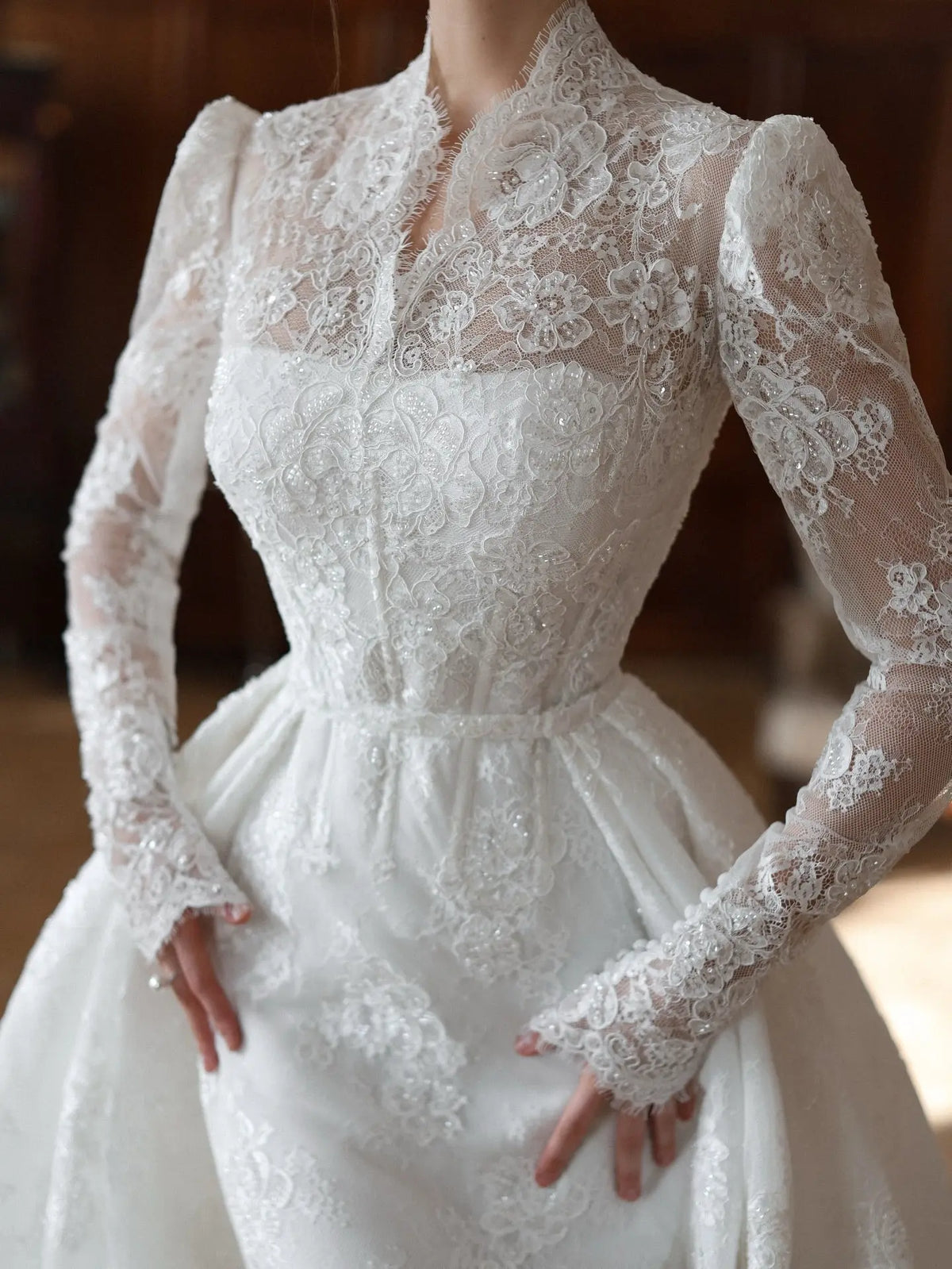 Elegant Lace High Neck Long Sleeve A-Line Wedding Dress SW279 