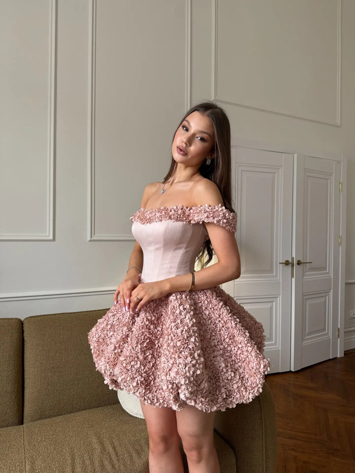 Elegant Pink Off-the-Shoulder Corset 3D Petal A-Line Homecoming Dress RM206
