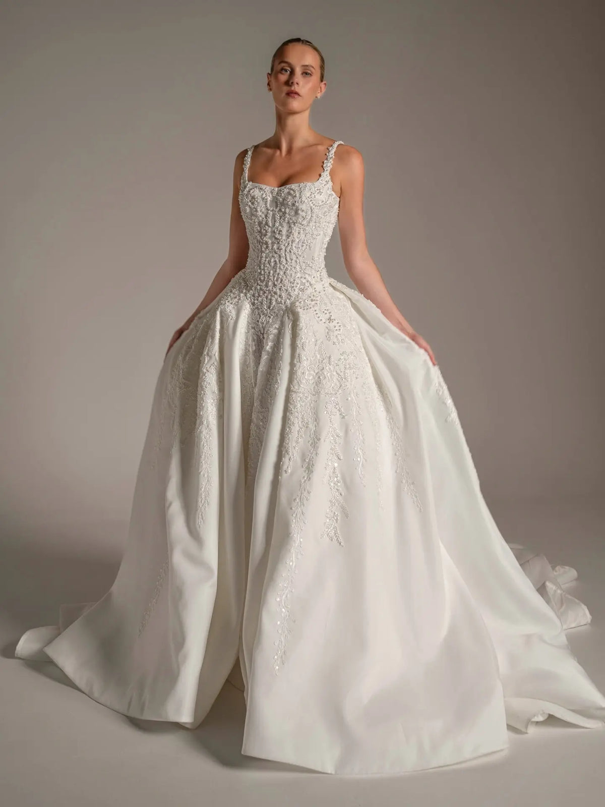 Luxury Spaghetti Strap Beaded Satin Ball Gown Wedding Dress SW167 