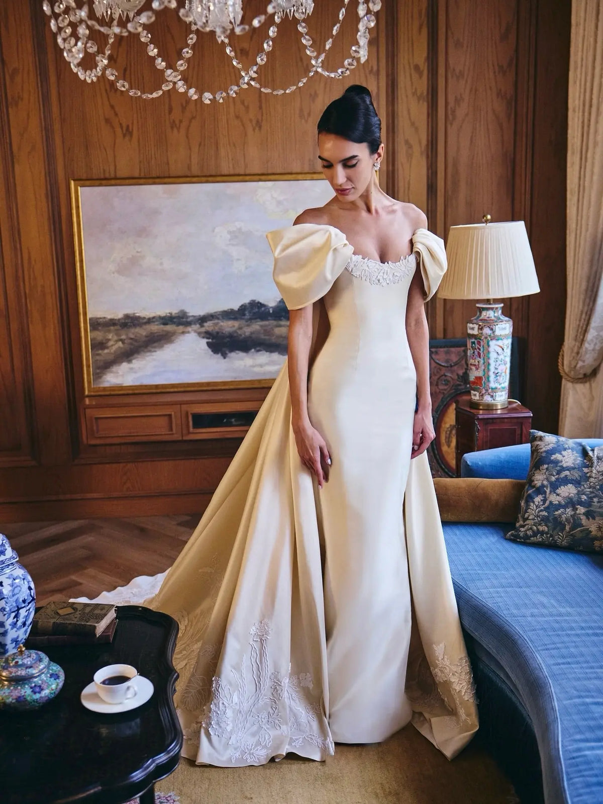 Luxury Off-the-Shoulder Satin Wedding Dress with Puff Sleeves SW230 SHARONSAID Luxury Off-the-Shoulder Satin Wedding Dress with Puff Sleeves SW230 SHARONSAID