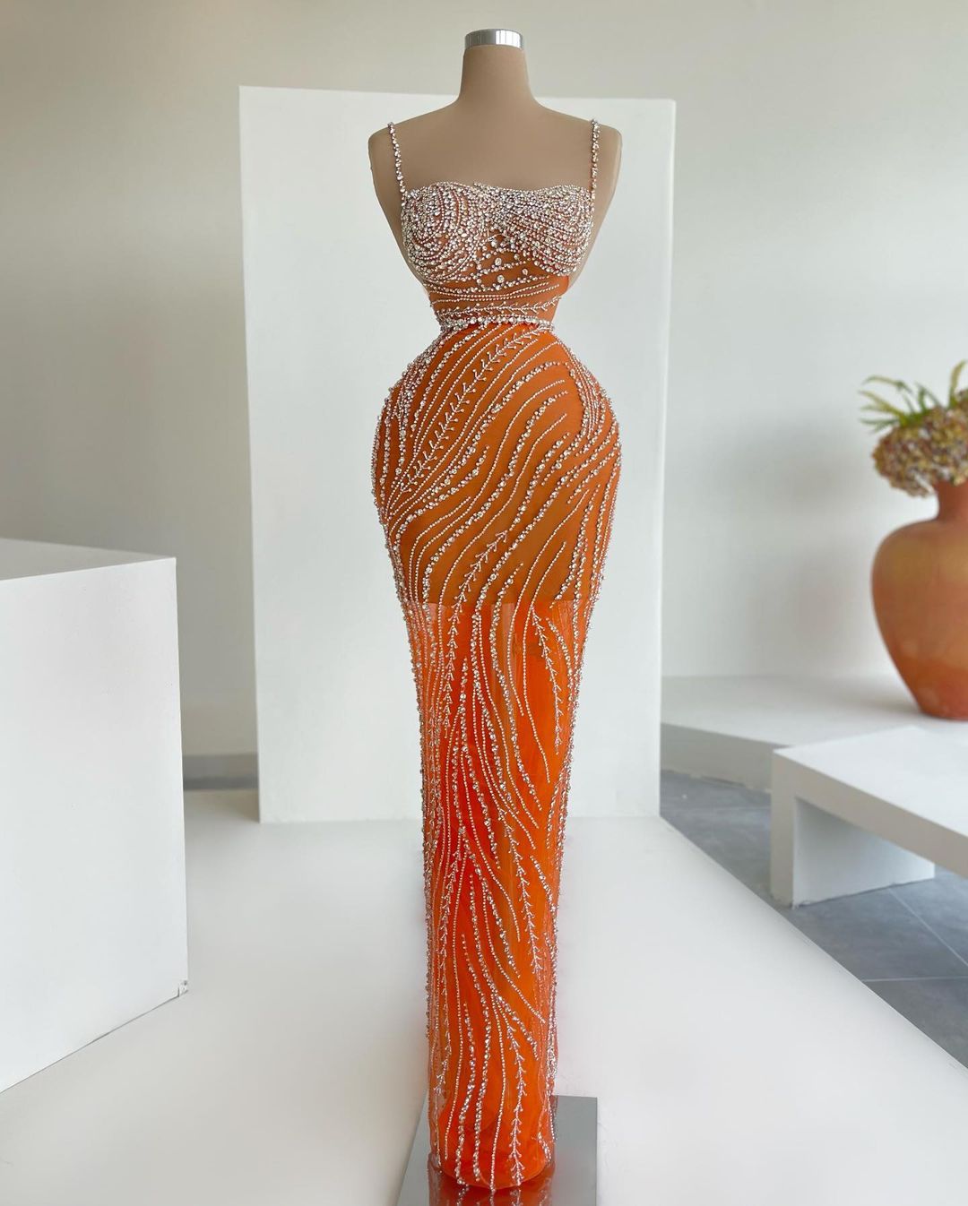 Sharon Said Luxury Orange Beaded Crystal Spaghetti Sage Green Mermaid Party Dresses Black Girl African Cocktail Dress RM155