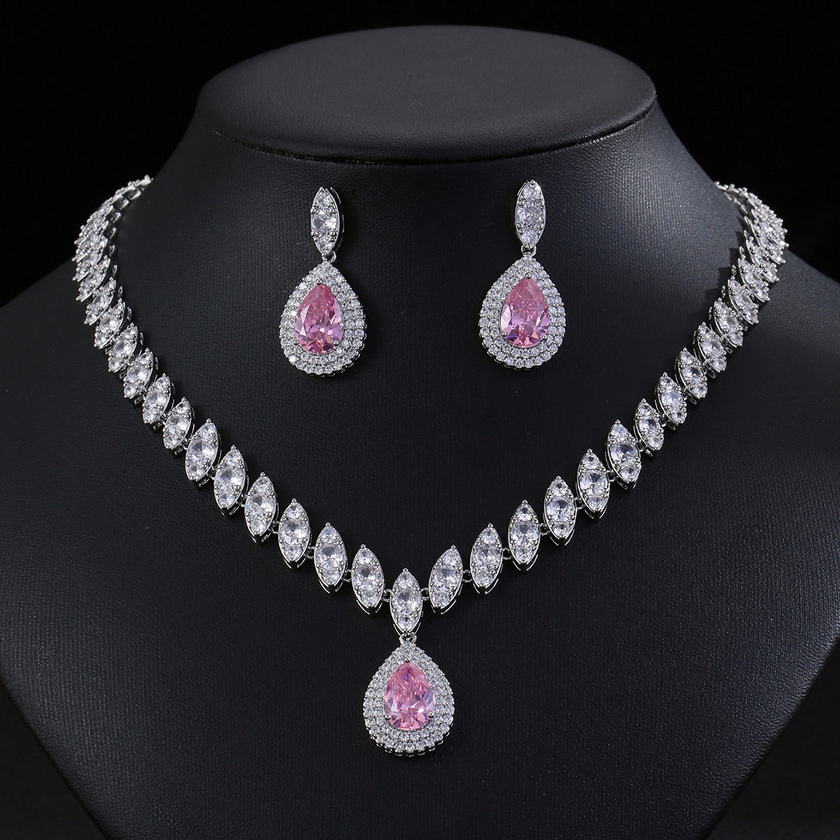 Luxury Teardrop Zircon Necklace Earrings Jewelry 