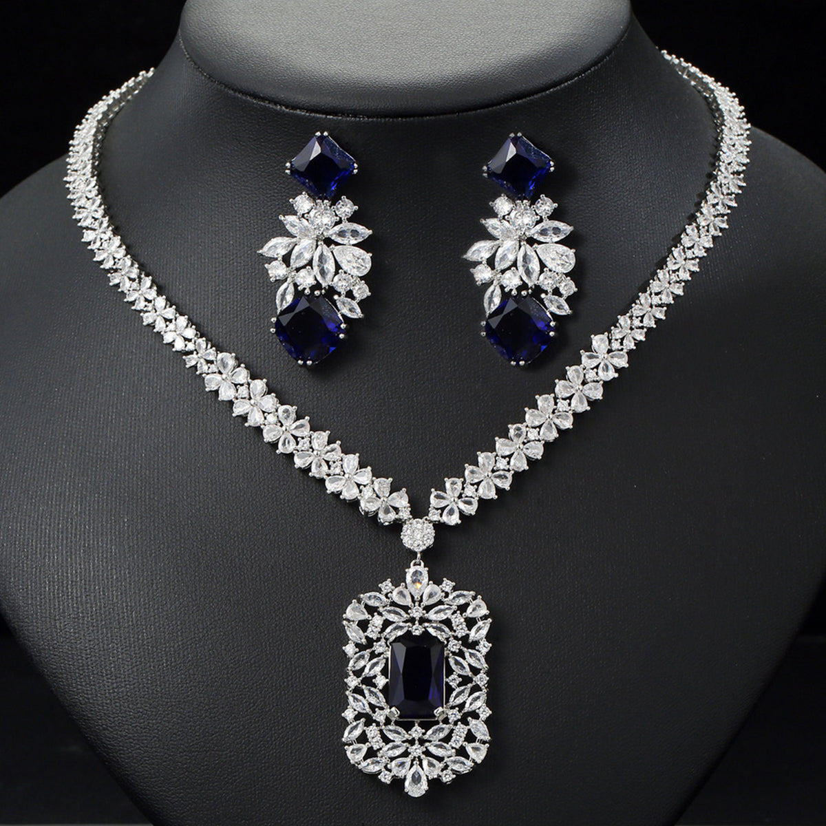 Flower Rectangular Zircon Necklace Earrings Jewelry 