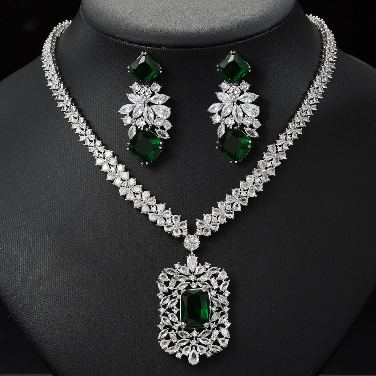 Flower Rectangular Zircon Necklace Earrings Jewelry 