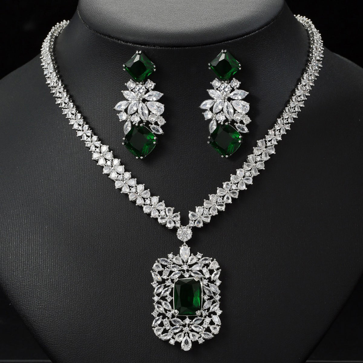 Flower Rectangular Zircon Necklace Earrings Jewelry 