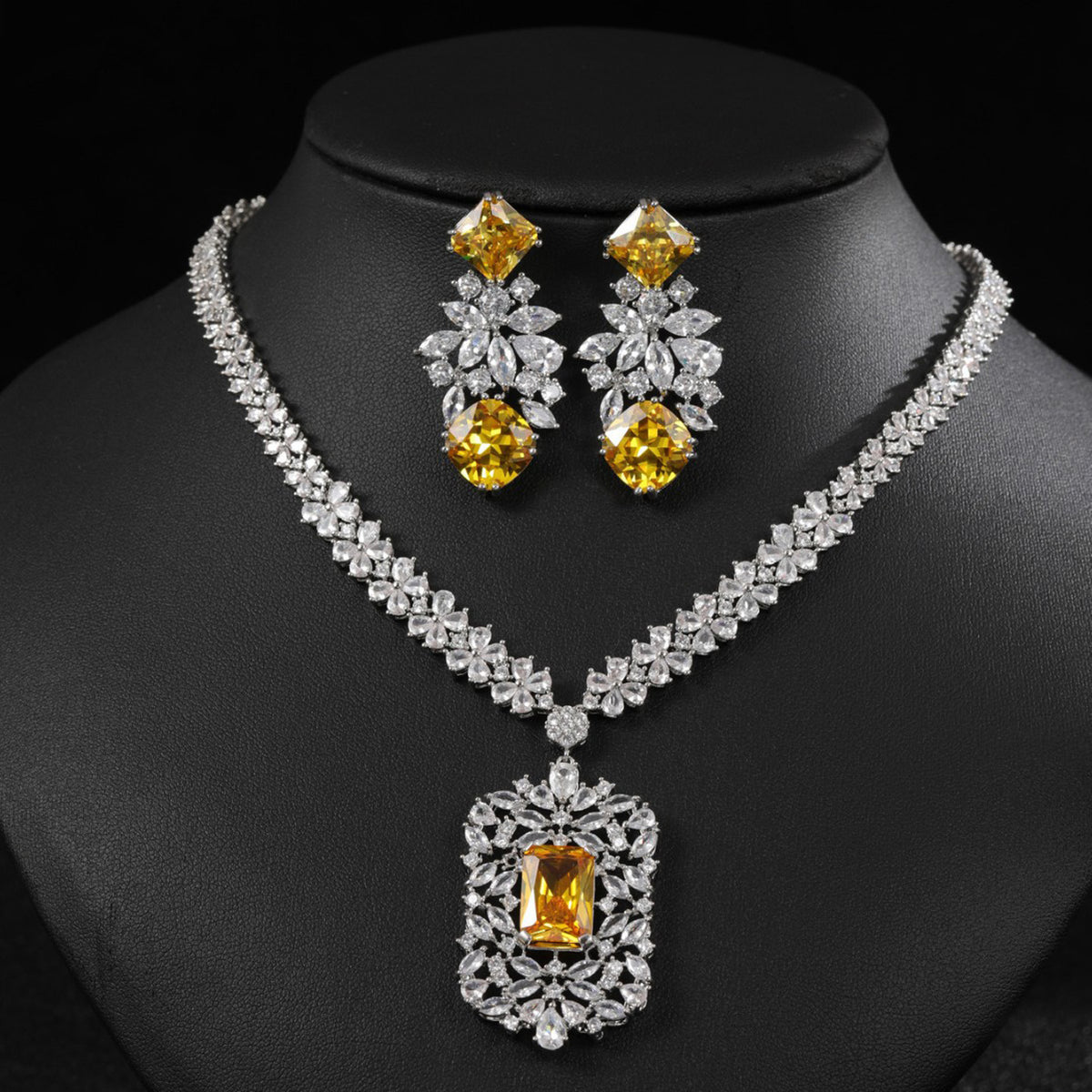 Flower Rectangular Zircon Necklace Earrings Jewelry 
