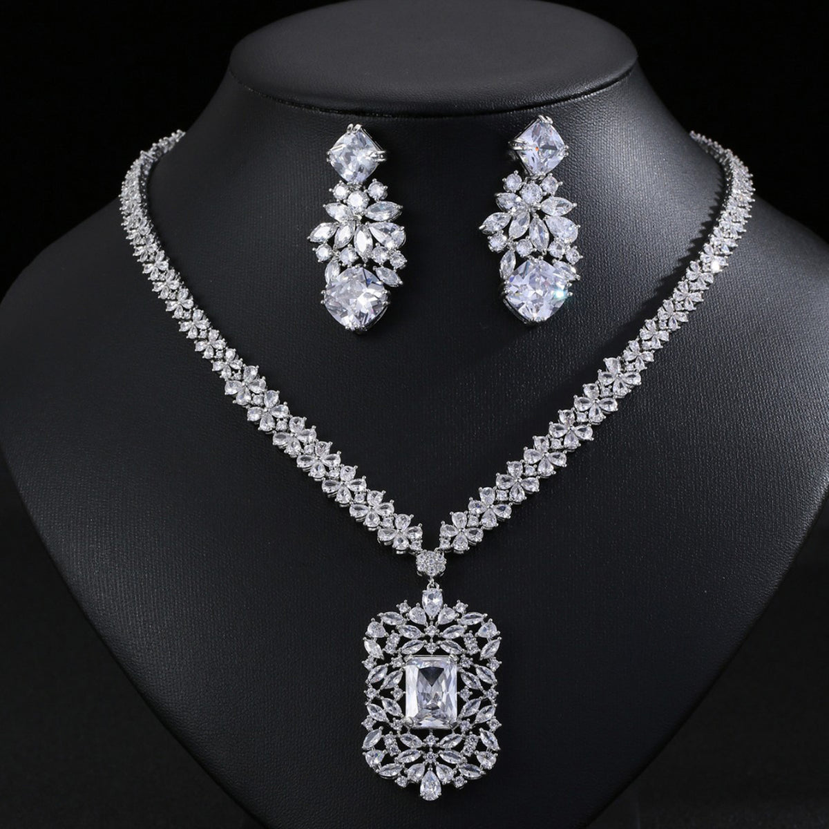 Flower Rectangular Zircon Necklace Earrings Jewelry 