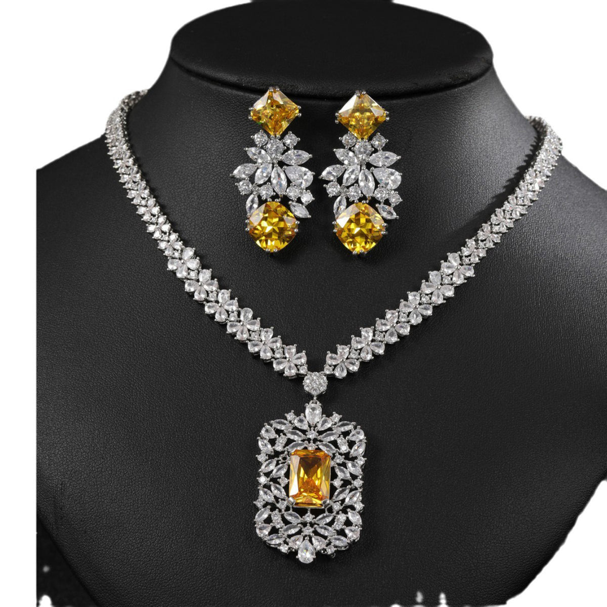 Flower Rectangular Zircon Necklace Earrings Jewelry 