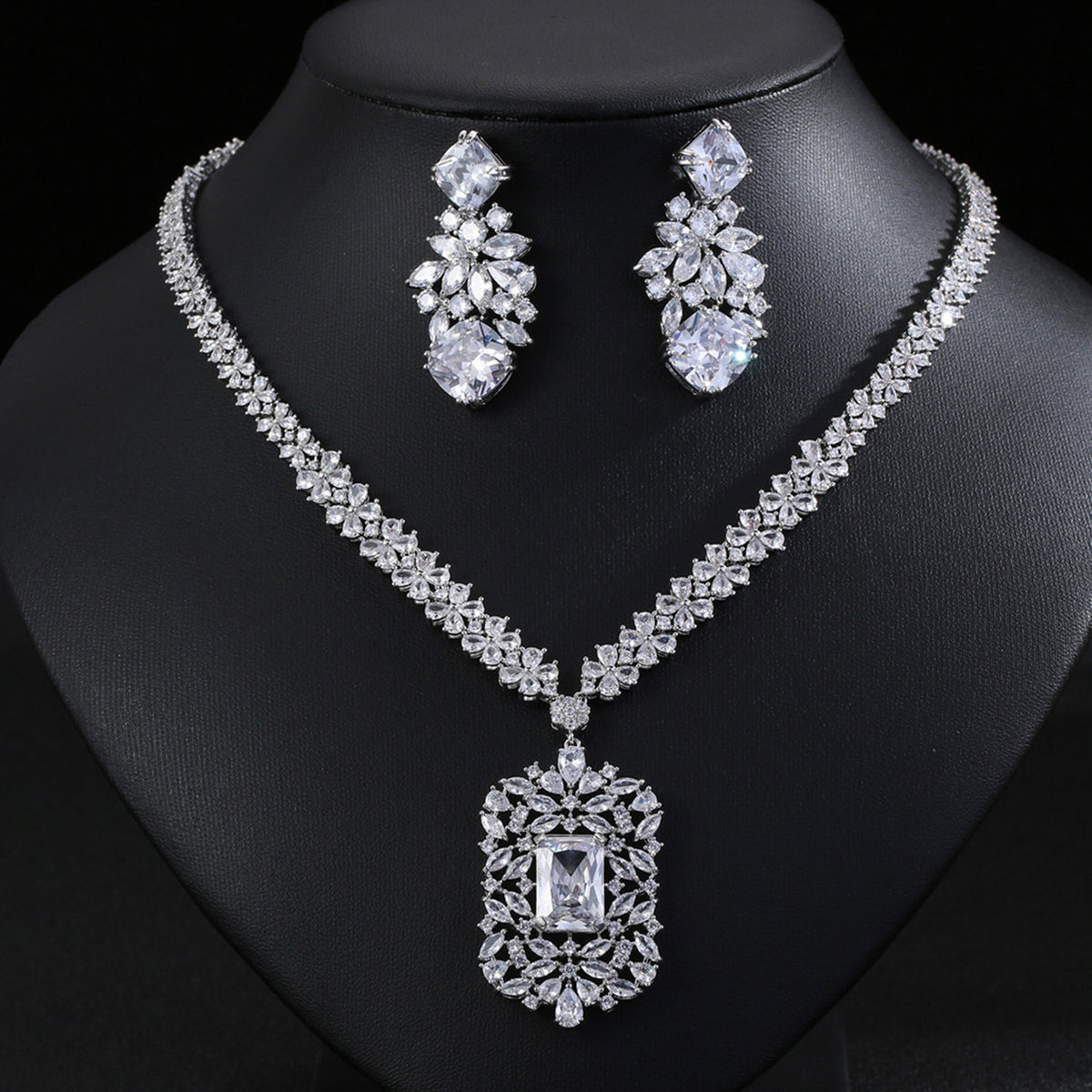 Flower Rectangular Zircon Necklace Earrings Jewelry 