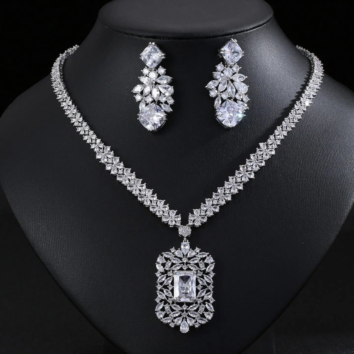 Floral Rectangular Zircon Necklace Earring Set JW005 