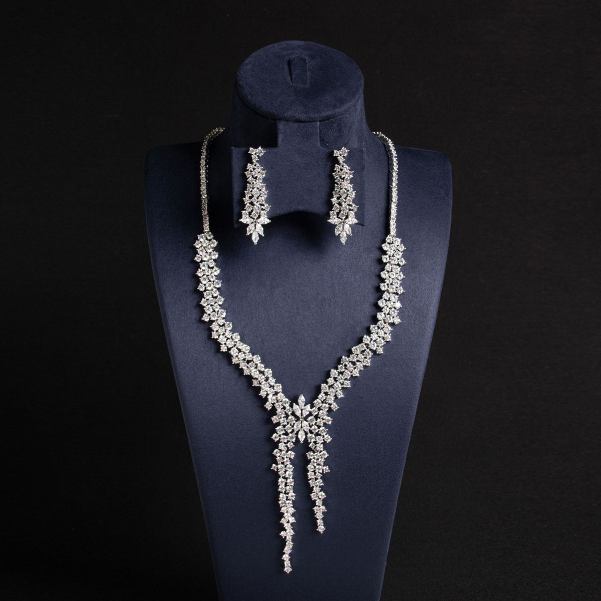 Floral Diamond Long Pendant Necklace and Earrings 