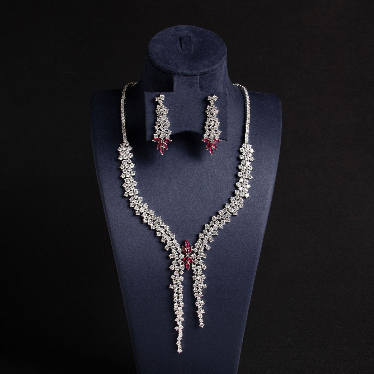 Floral Diamond Long Pendant Necklace and Earrings 
