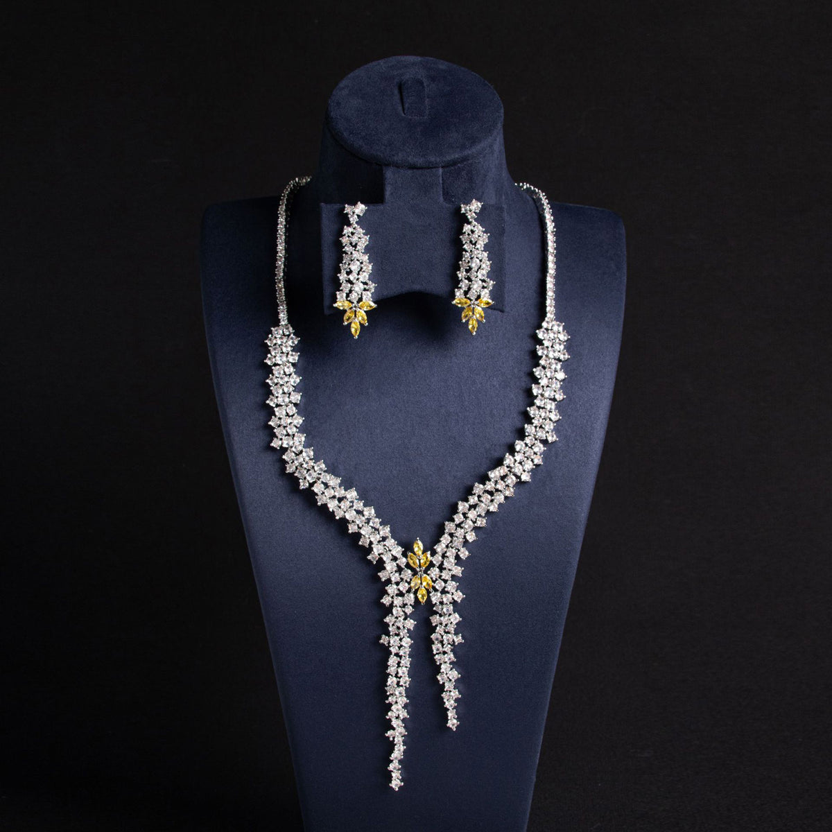 Floral Diamond Long Pendant Necklace and Earrings 