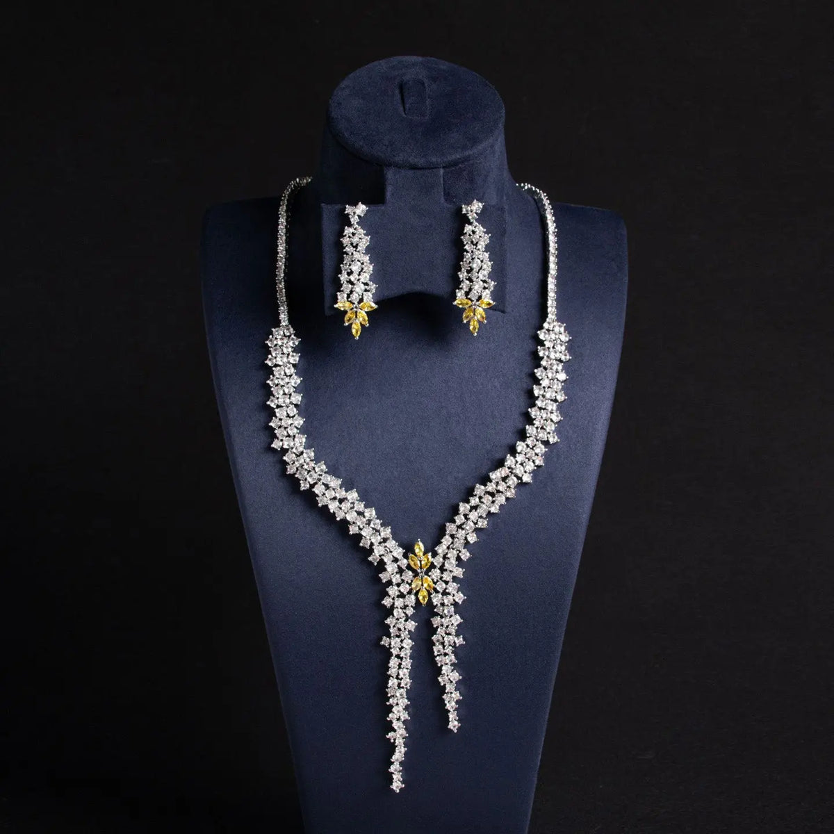 Floral Diamond Long Pendant Necklace Set JW008 