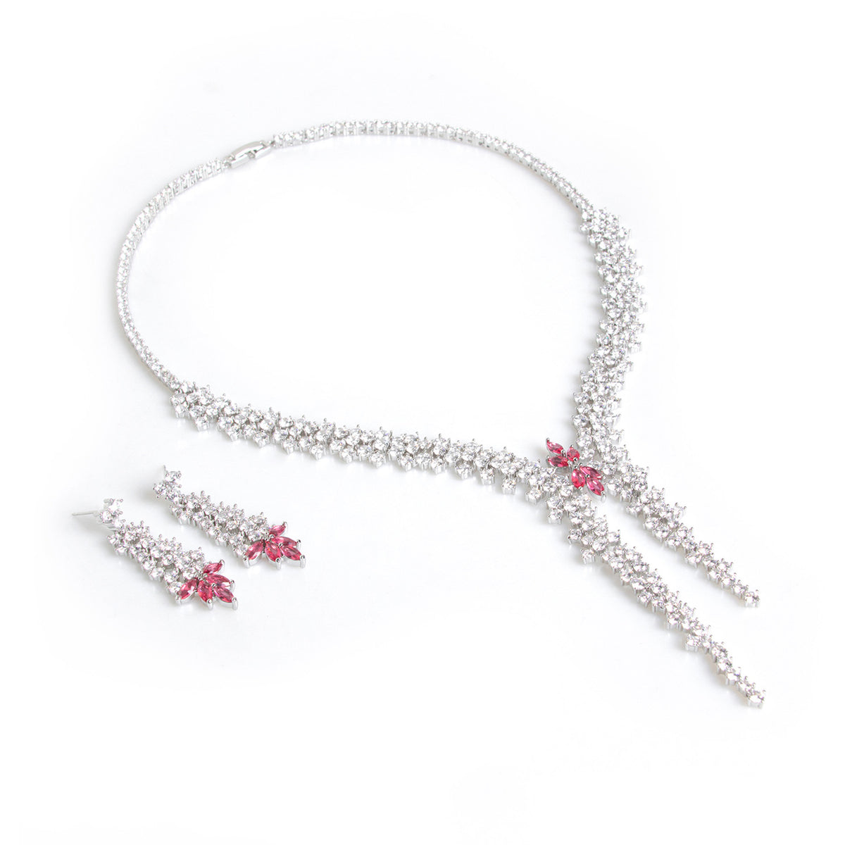 Floral Diamond Long Pendant Necklace and Earrings 