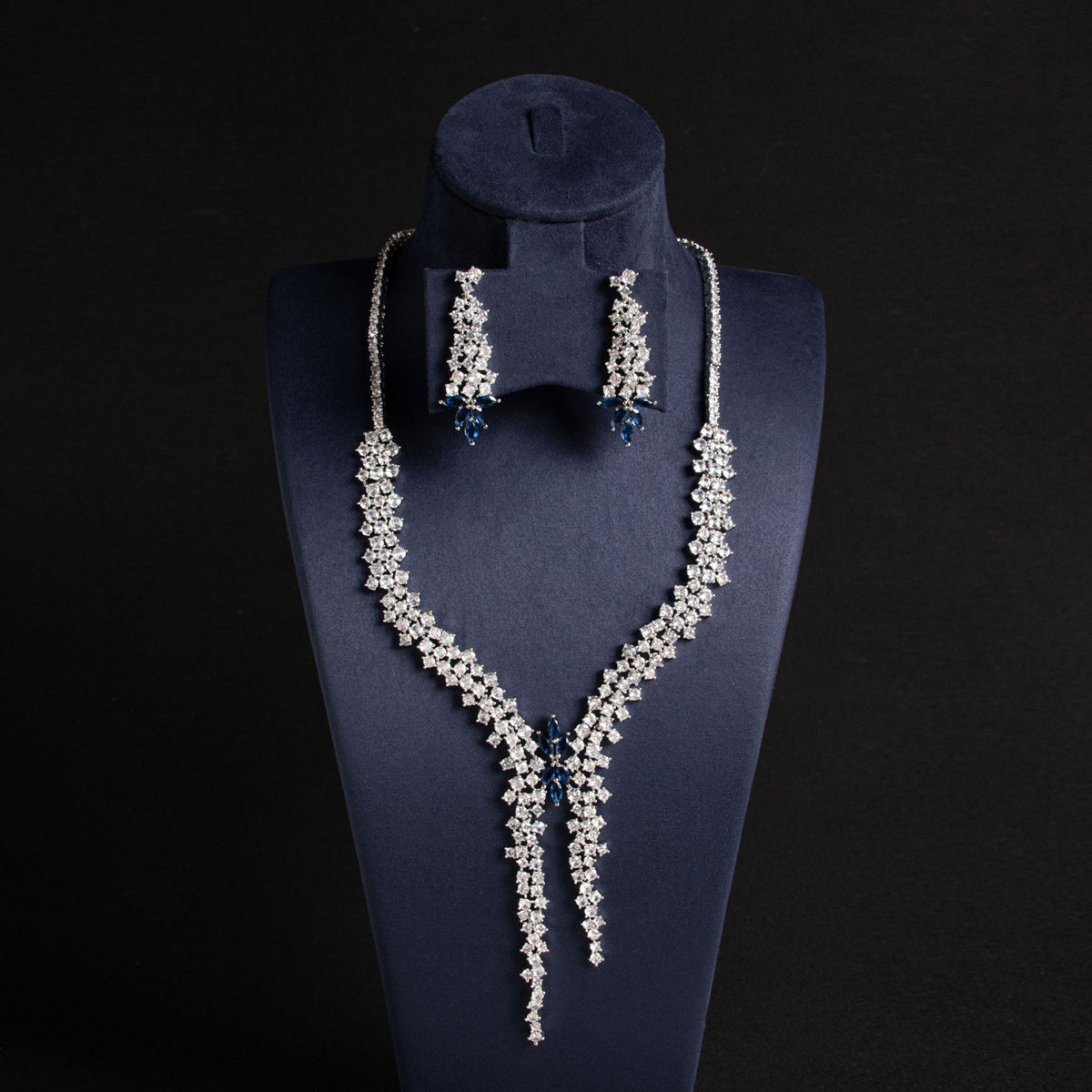 Floral Diamond Long Pendant Necklace and Earrings 