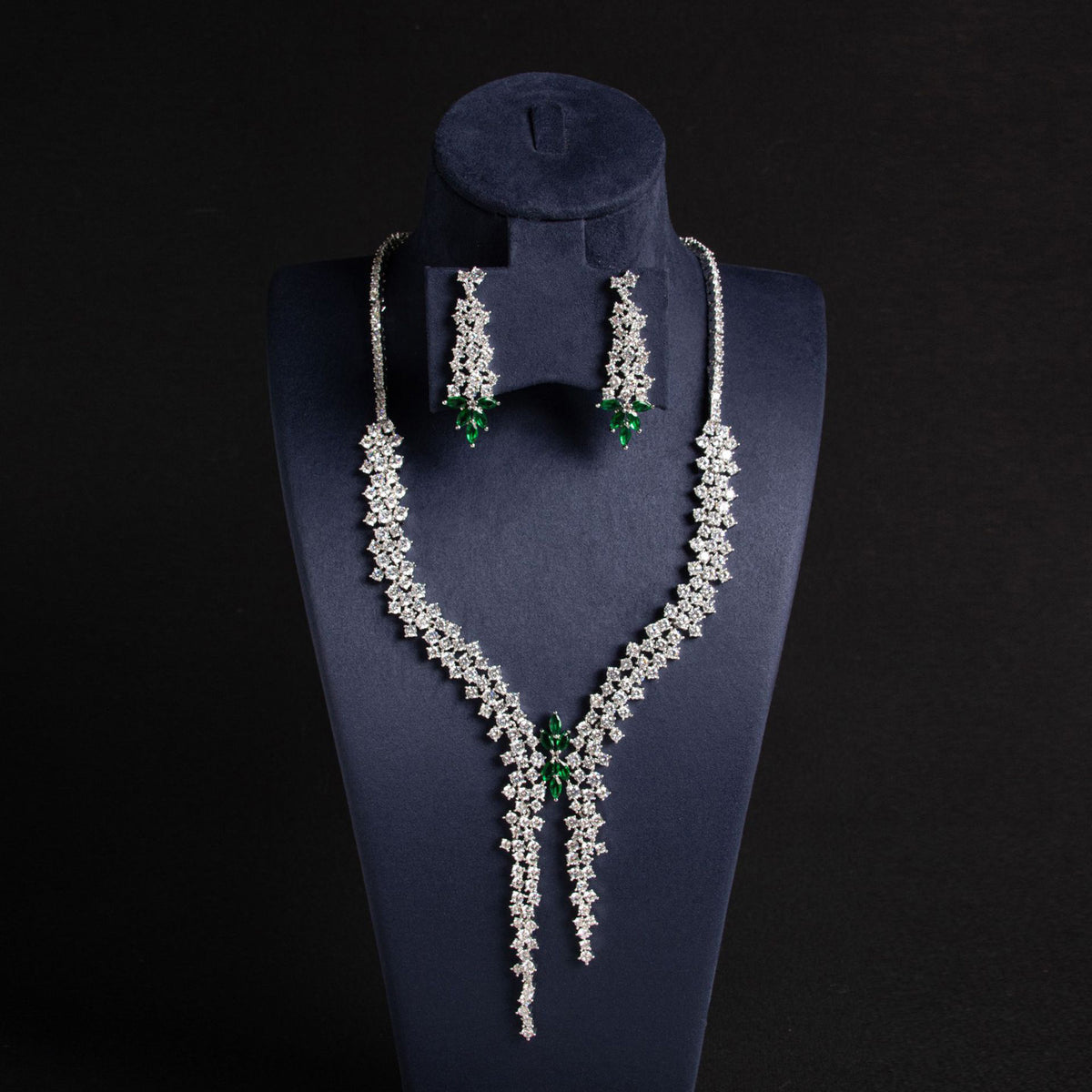 Floral Diamond Long Pendant Necklace and Earrings 