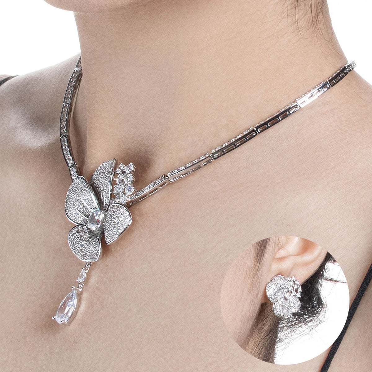 High-end Luxury Flower Zircon Necklace and Earrings Set 