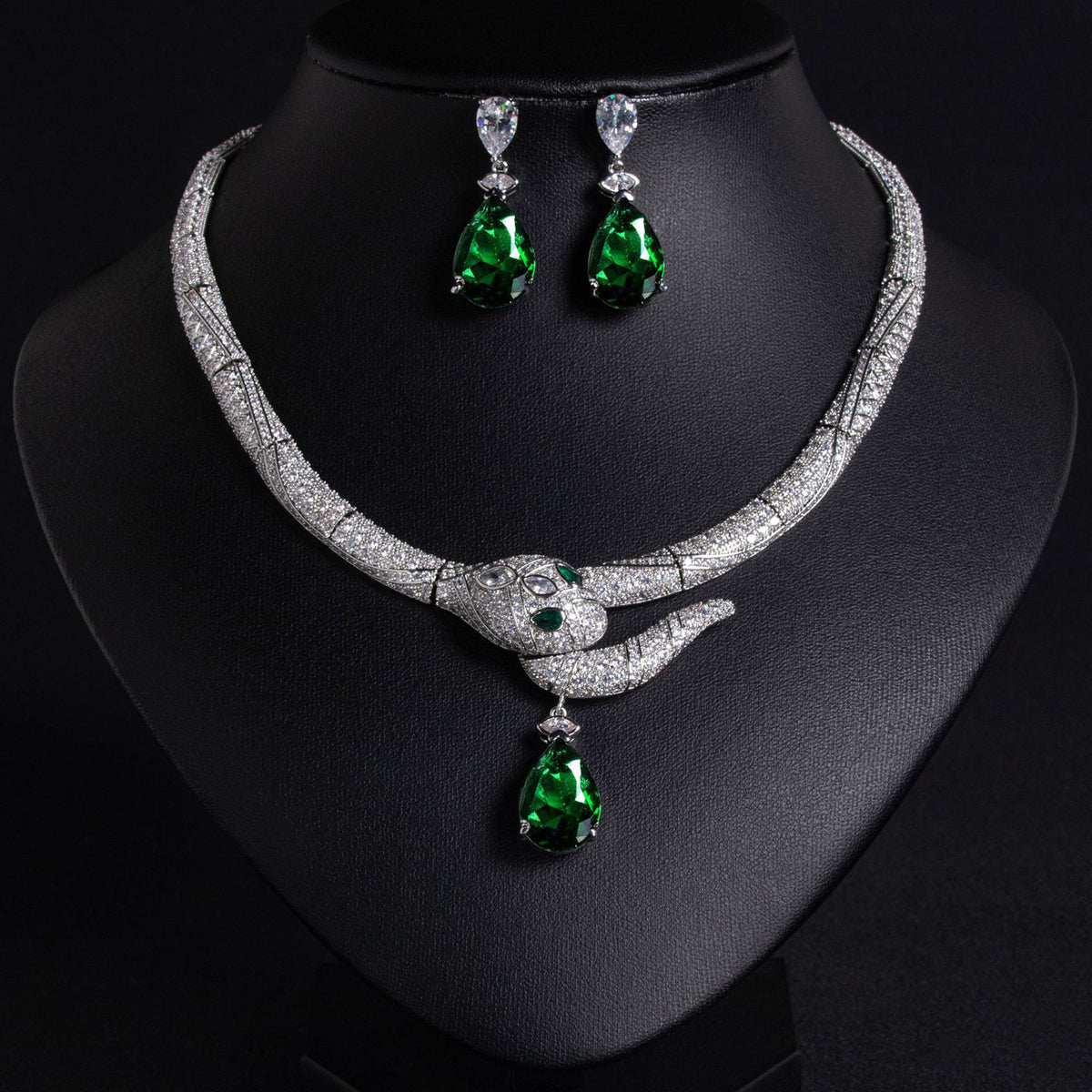 Teardrop Snake Fashion Diamond Necklace Earring Set 