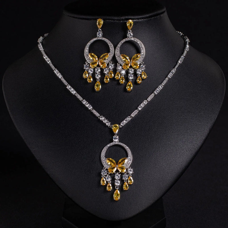 Luxury Cubic Zirconia Tassel Necklace and Earring Set JW050 