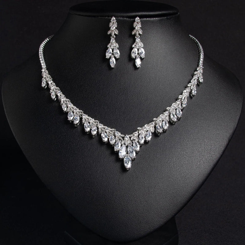 Simple Cubic Zirconia Earrings and Necklace Set JW056 