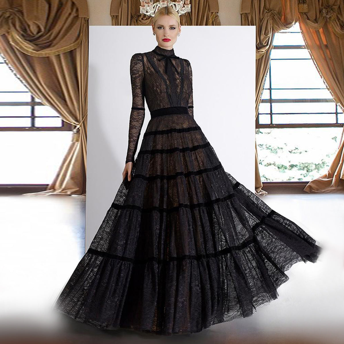 Sharon Said Elegantes Abendkleid aus schwarzer Spitze in A-Linie 2024 Dubai Luxus abgestufte lange Ärmel Muslimische Frauen Formale Partykleider SF023